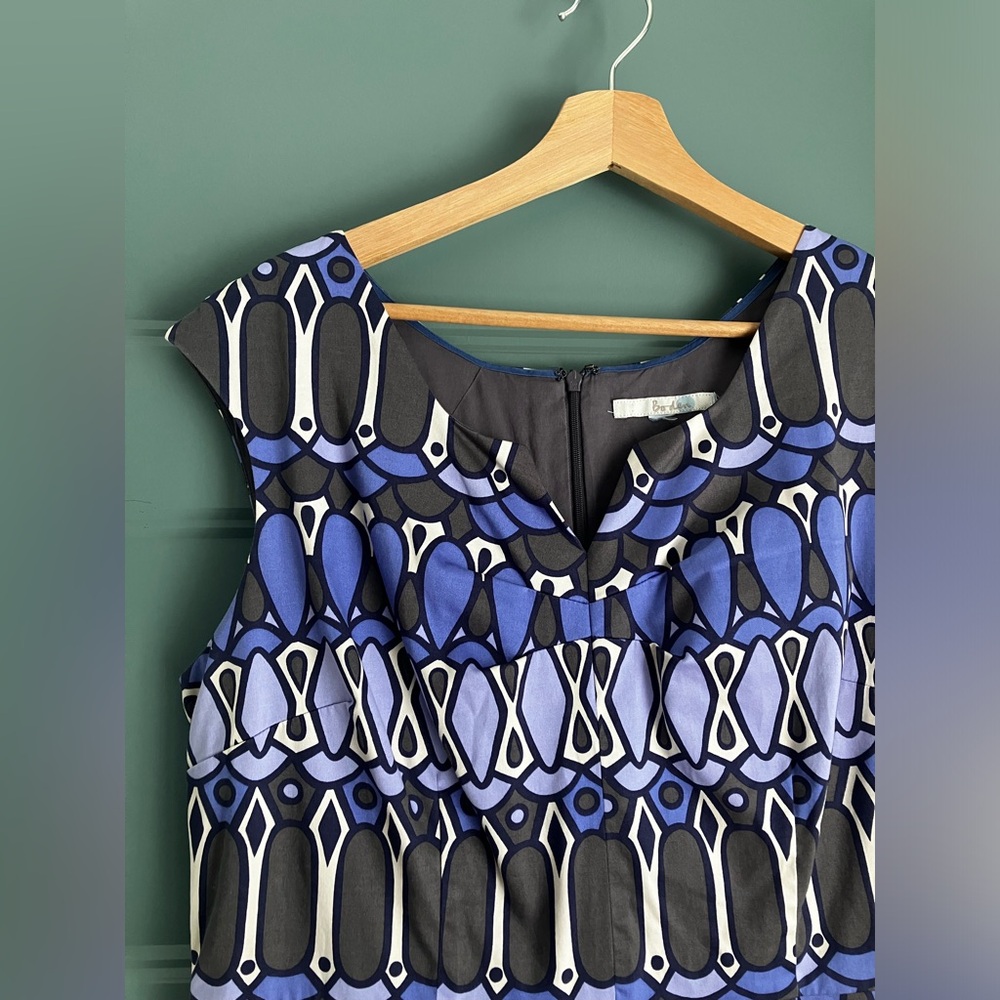 Boden Geometric Blue and Grey Midi Sheath Dress